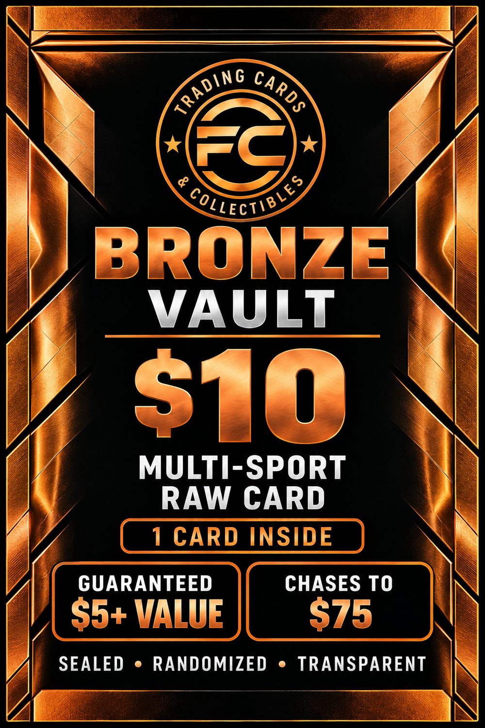 Fan Cave Bronze Vault $10 multi-sport raw card mystery pack - 1 card inside, guaranteed $5+ value, chases to $75