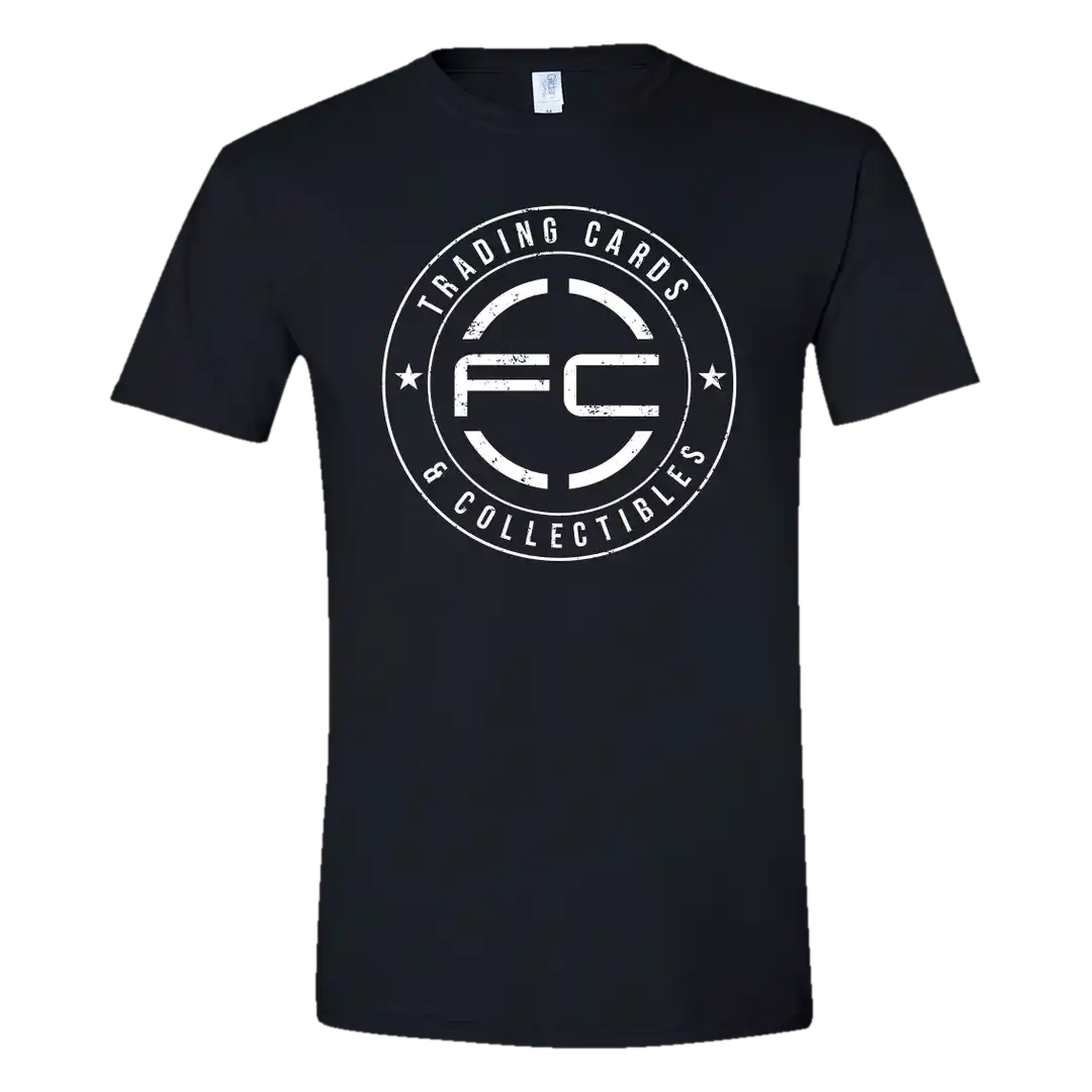 Black FanCave Trading Cards & Collectibles logo t-shirt with white screen-printed FC circle logo on the front