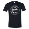 Black FanCave Trading Cards & Collectibles logo t-shirt with white screen-printed FC circle logo on the front