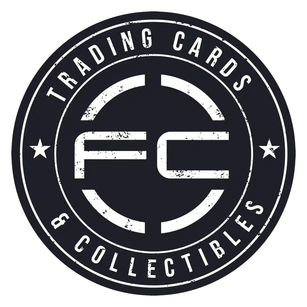 Close-up of the white FanCave Trading Cards & Collectibles FC circle logo screen print
