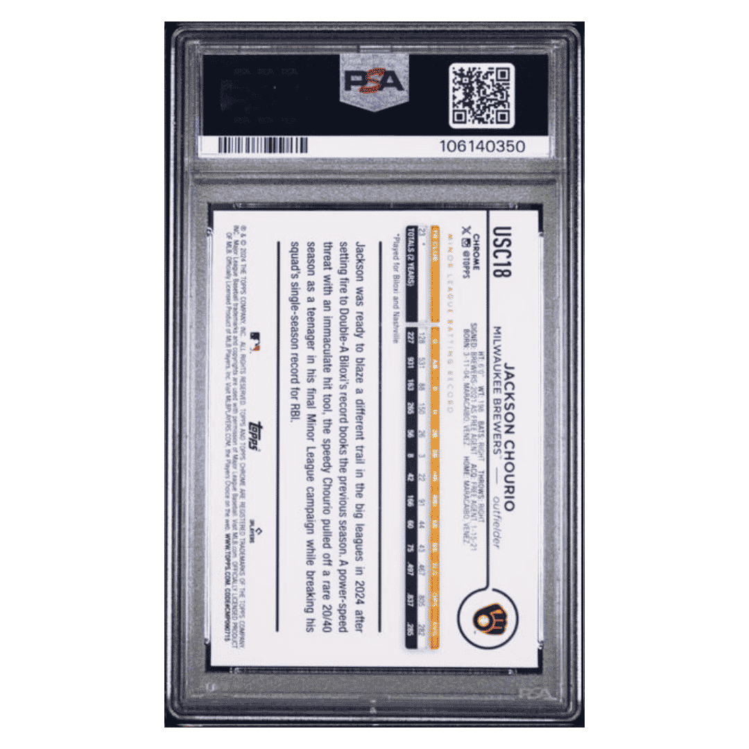 Jackson Chourio PSA 10 2024 Topps Chrome Update Rookie RC Card #USC10 - Back