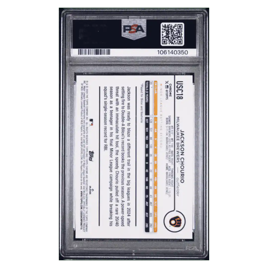Jackson Chourio PSA 10 2024 Topps Chrome Update Rookie RC Card #USC10 - Back