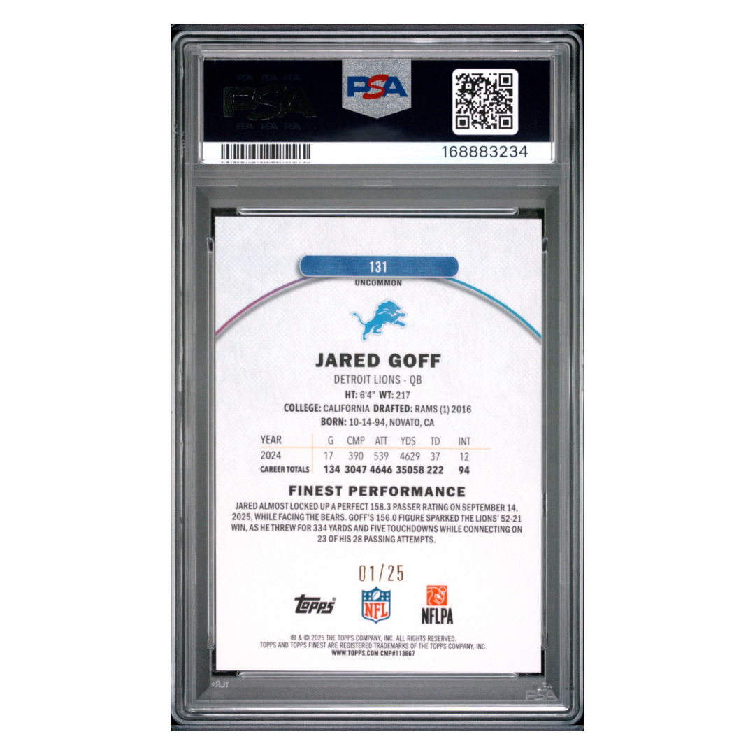 Jared Goff PSA 10 2025 Topps Finest Gold Geometric #1/ 25 Card #131 - Back