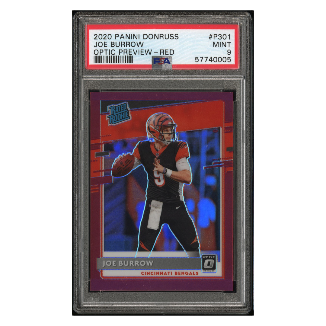 Joe Burrow PSA 9 2020 Panini Donruss Optic Preview Rated Rookie - Red #d/ 99 Card #P301 - Front