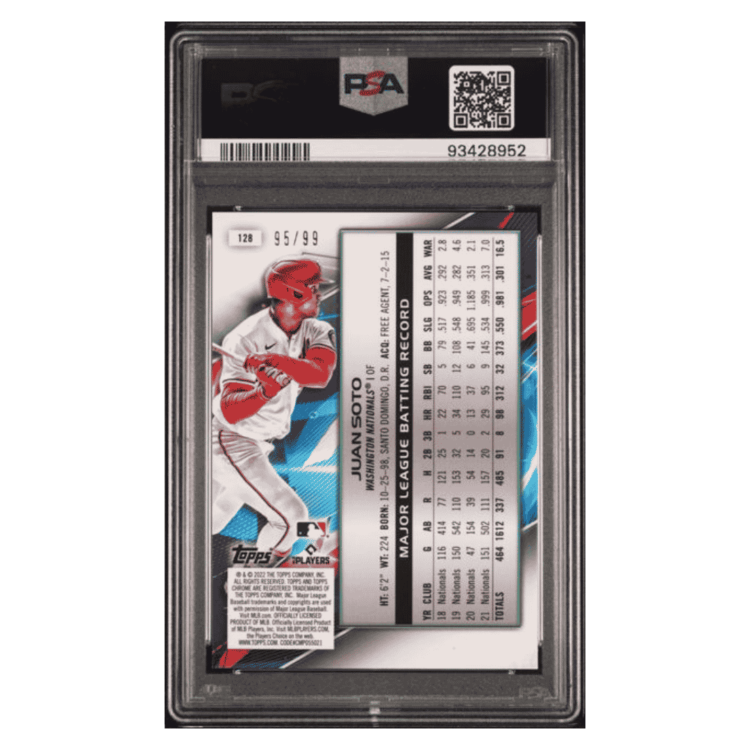 Juan Soto PSA 10 2022 Topps Cosmic Chrome Blue Moon Refractor #d/ 99 Card #128 - Back