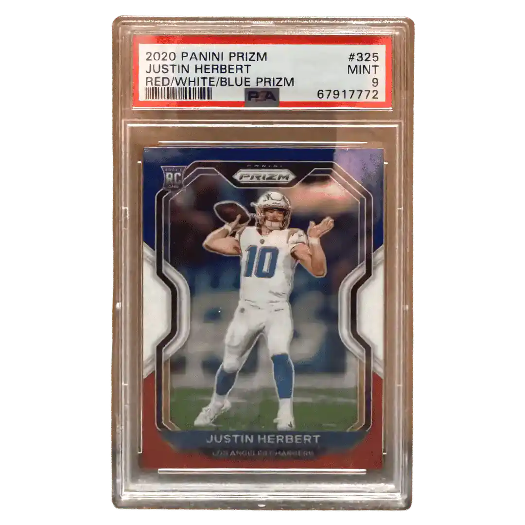 Justin Herbert PSA 9 2020 Panini Prizm Red/ White/ Blue Prizm Card #325 - Front