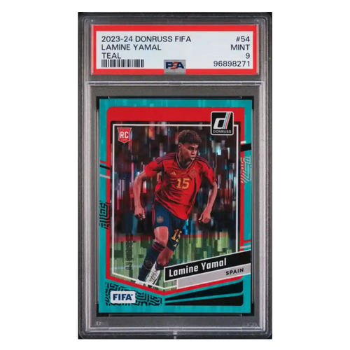 Lamine Yamal PSA 9 2023-24 Donruss FIFA Teal Rookie RC /199 Card #54 - Front