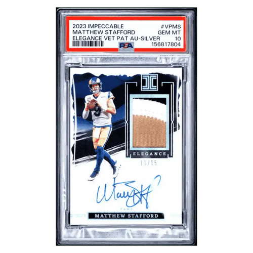 Matthew Stafford PSA 10 2023 Panini Impeccable Elegance Veteran Patch Autographed Silver /15 Card #329 - Front