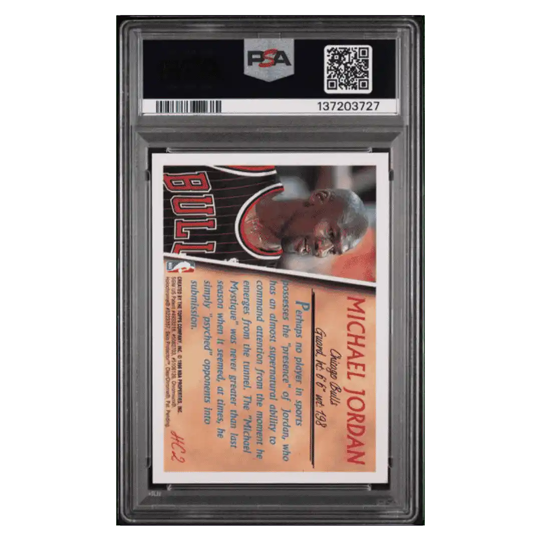 Michael Jordan PSA 8 1996 Topps Holding Court Refractor with Coating Card #HC2 - Back
