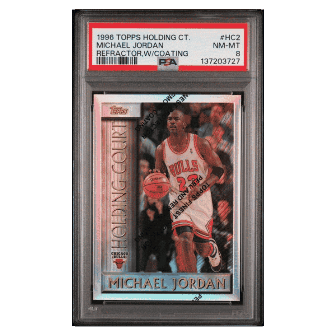 Michael Jordan PSA 8 1996 Topps Holding Court Refractor with Coating Card #HC2 - Front