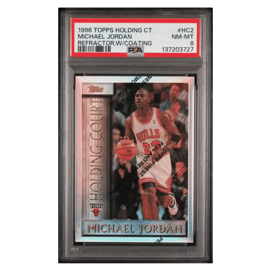 Michael Jordan PSA 8 1996 Topps Holding Court Refractor with Coating Card #HC2 - Front