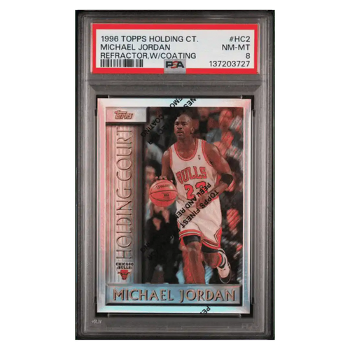 Michael Jordan PSA 8 1996 Topps Holding Court Refractor with Coating Card #HC2 - Front