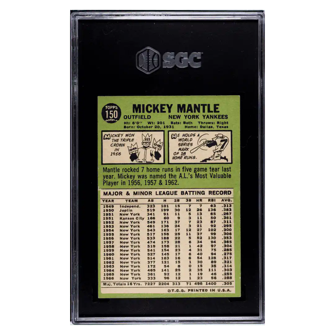 Mickey Mantle SGC 3 1967 Topps Card #150 - Back