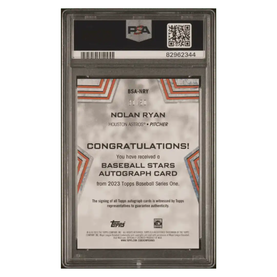 Nolan Ryan PSA 8 2023 Topps Baseball Stars Autographed Gold #d/ 50 Card #BSANRY - Back