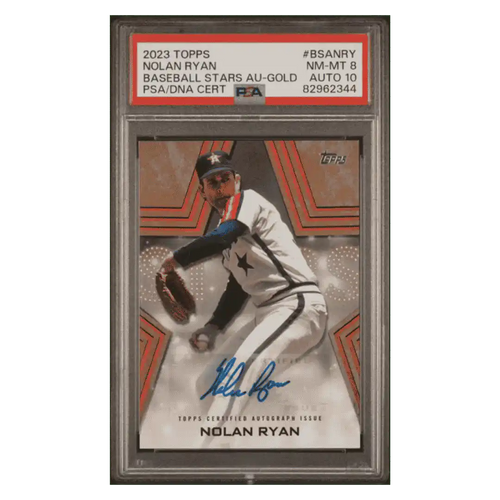 Nolan Ryan PSA 8 2023 Topps Baseball Stars Autographed Gold #d/ 50 Card #BSANRY - Front