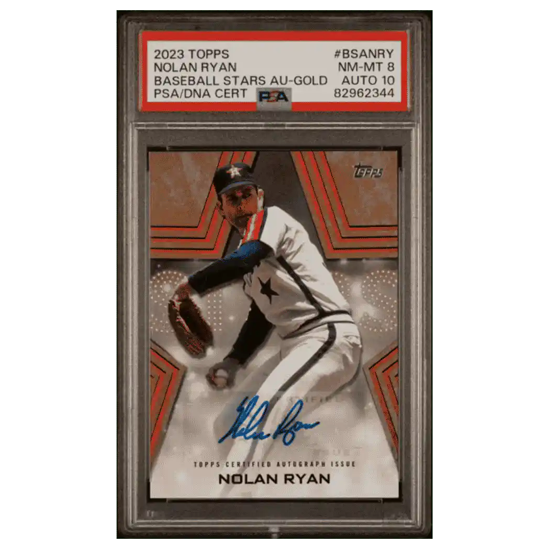 Nolan Ryan PSA 8 2023 Topps Baseball Stars Autographed Gold #d/ 50 Card #BSANRY - Front