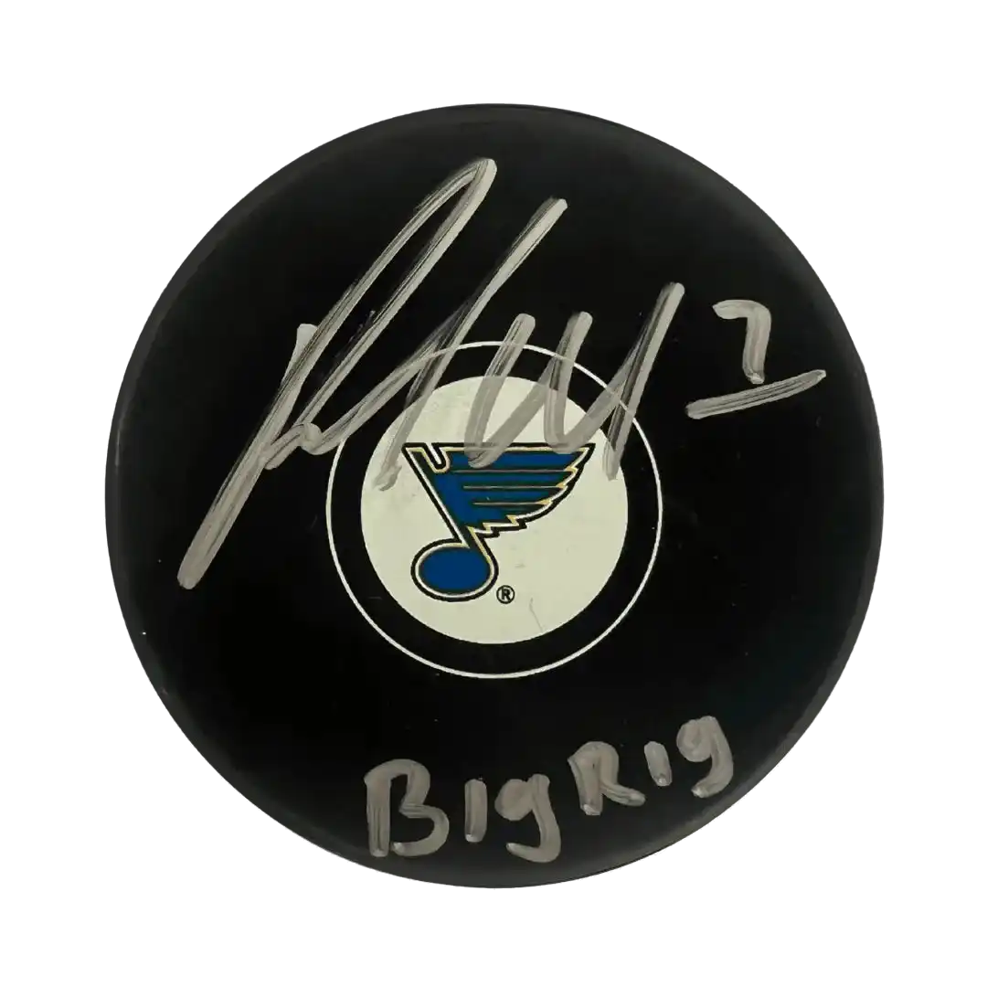 Pat Maroon St. Louis Blues Autographed Logo Puck with Big Rig Inscription, JSA COA