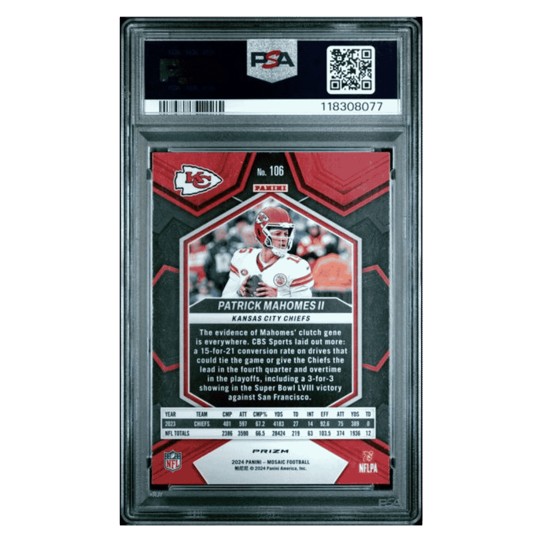 Patrick Mahomes PSA 10 2024 Panini Mosaic Genesis Case Hit Card #106 - Back