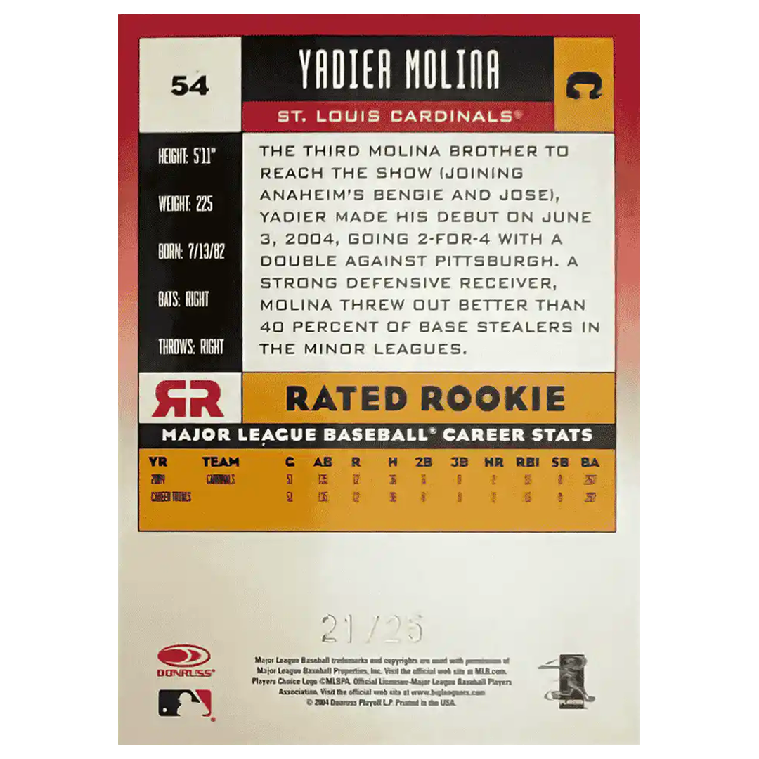Yadier Molina 2005 Donruss 25th Anniversary Rated Rookie RC /25 Card #54 - Back