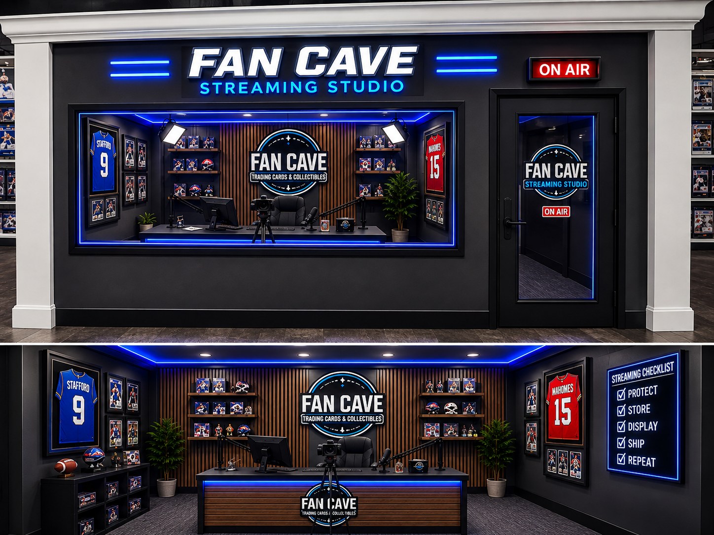 Fan Cave Streaming Studio — exterior ON AIR storefront and interior streaming desk concept